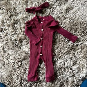 6 month girls maroon one piece and bow
